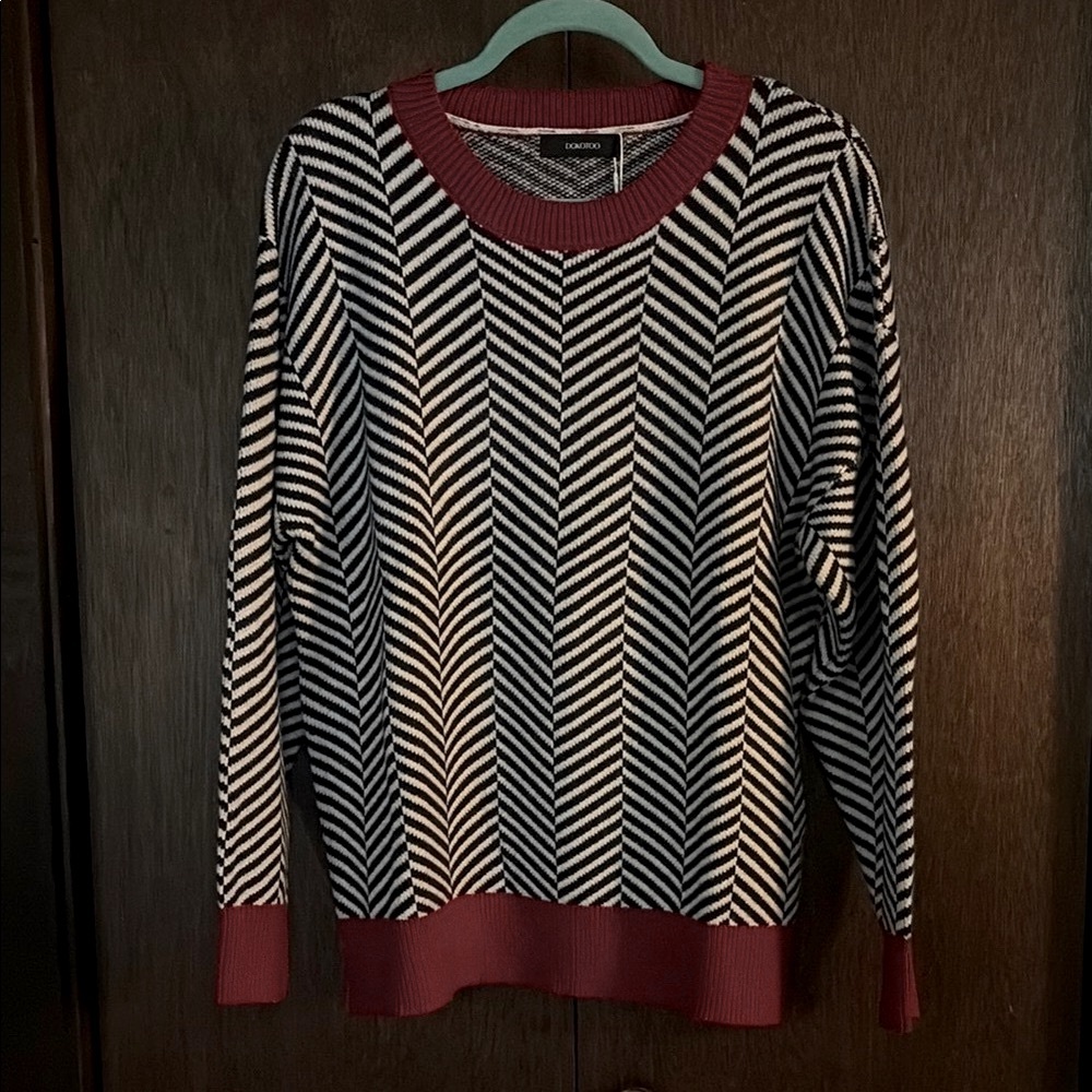 Navy and White Chevron Sweater with Red Accents